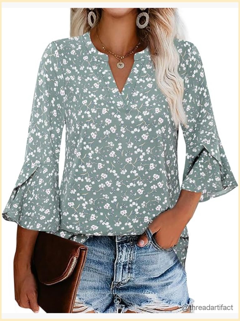 V Neck Ruffle 3/4 Bell Sleeve Chiffon Blouse Business Shirt Tunic Top